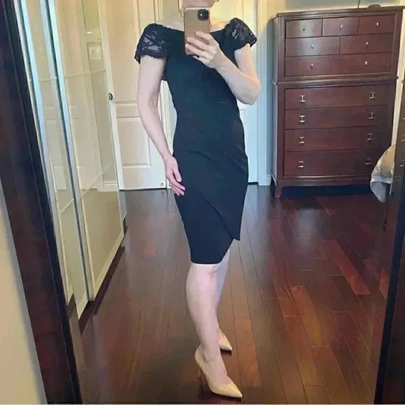 Le Chateau Cocktail Dress Off Shoulder Bardot Lace Bodice Formal LBD Black XS - Picture 14 of 16